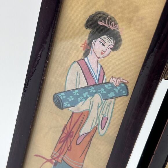 Vtg Asian Miniature Oriental 4 Panel Tabletop ScreenGeisha Insect Garden 7" - Picture 2 of 10